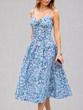 🦋🌿AQUA Blue Floral Ruched Smocked Midi Dress Cotton Fit & Flare Size S Romantic
